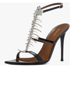 Wansseny Black Open Toe Fishbone Rhinestones Sandals Ankle Strap High Heels Shoe